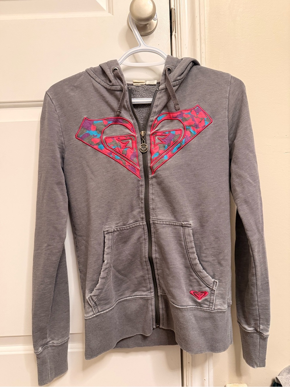 Roxy Womens Gray Zip Hoodie with Pink Logo